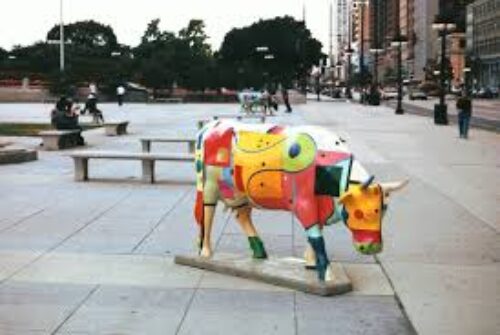 "Crossfire Cow," Acrylic on 3D Fiberglass Mold of Cow, Cows on Parade, City of Chicago Public Art Commission, 2000